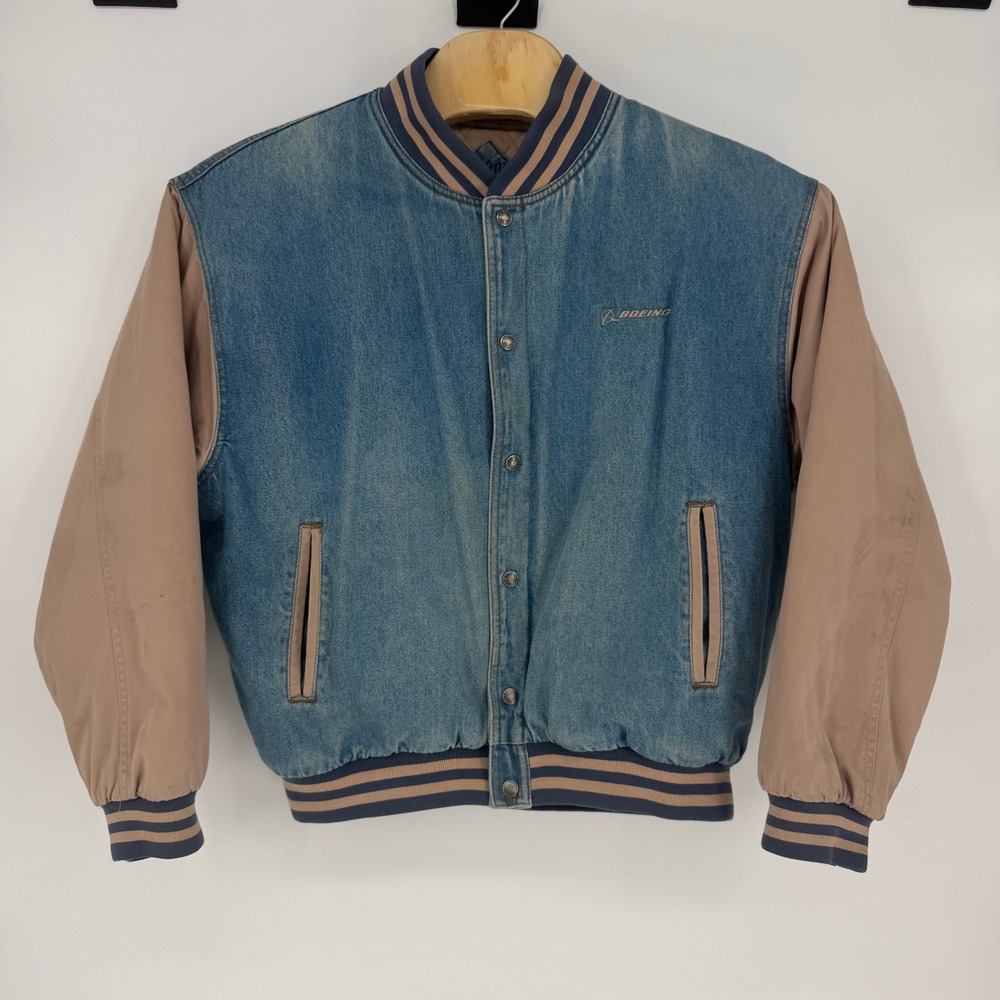 Tri-Mountain Boeing Denim Varsity Jacket Mens XL‎ Blue Tan Bomber Style 7700